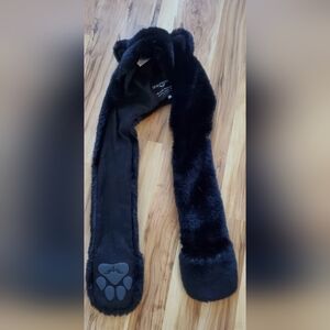 SpiritHoods Black Cat Faux Fur Hooded Scarf with Paw Detail
